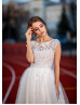 Boat Neck Ivory Lace Tulle Keyhole Back Outdoor Wedding Dress